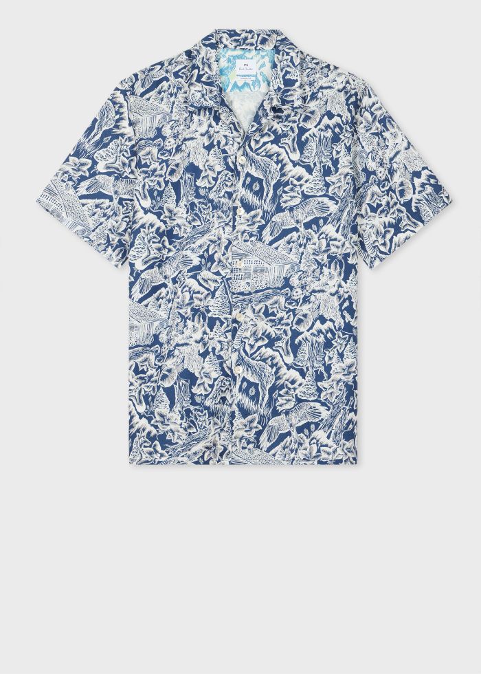 PS Paul Smith Casual-Fit Navy and White 'Chalet' Print Shirt Blue
